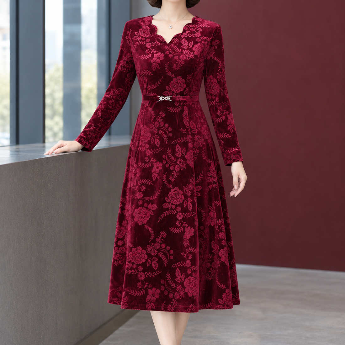 Odalys-Marie Floral Dress - Wine Red