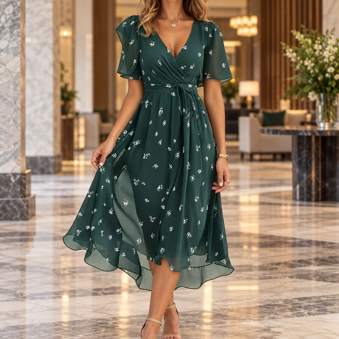 Ilaria-Eve Wrap Midi Dress - Green