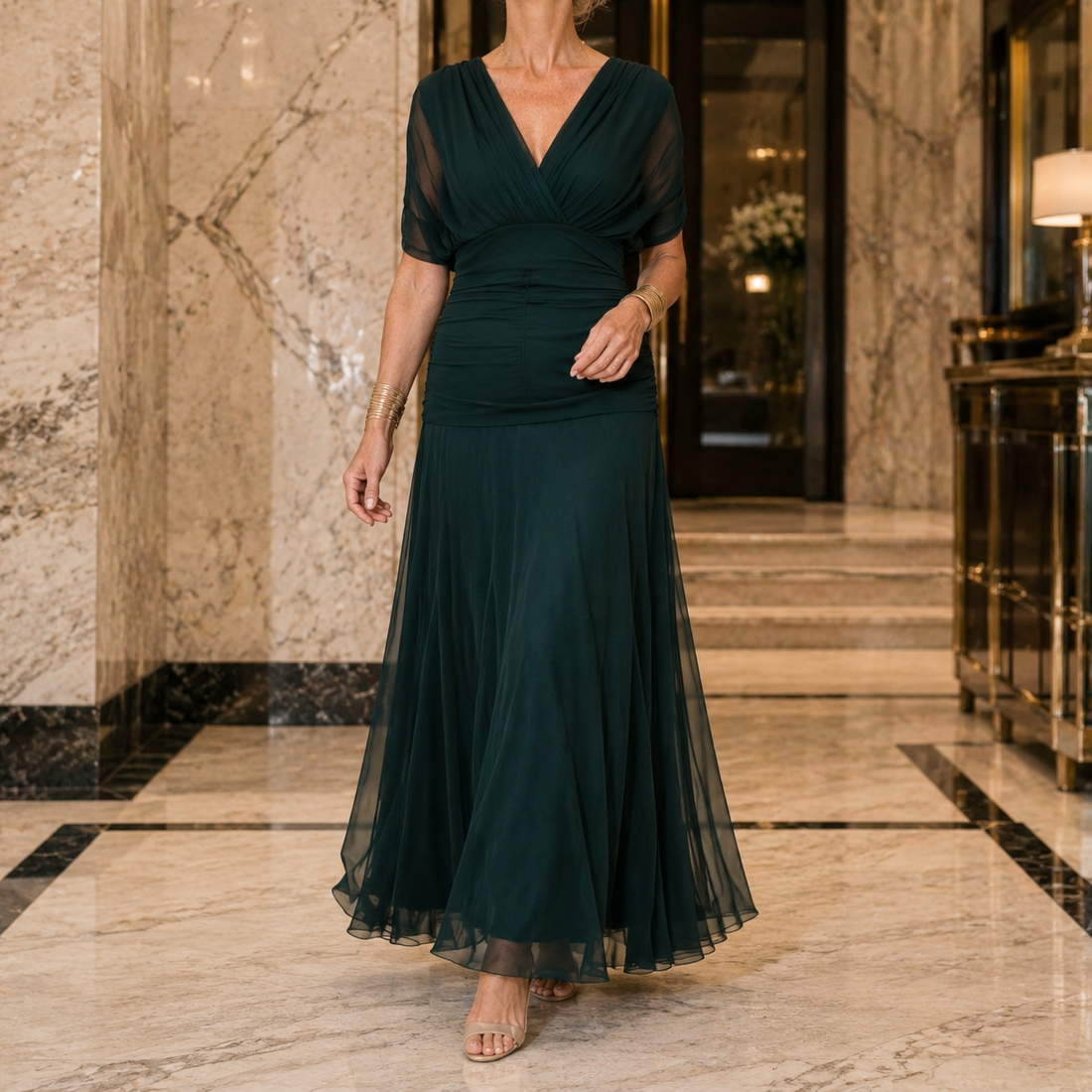 Serena-Pearl Draped Maxi Dress - Dark Green