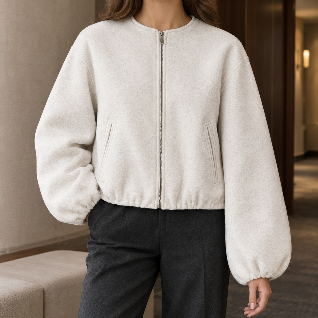 Pippa-Lane Balloon Sleeve Jacket - Milky White