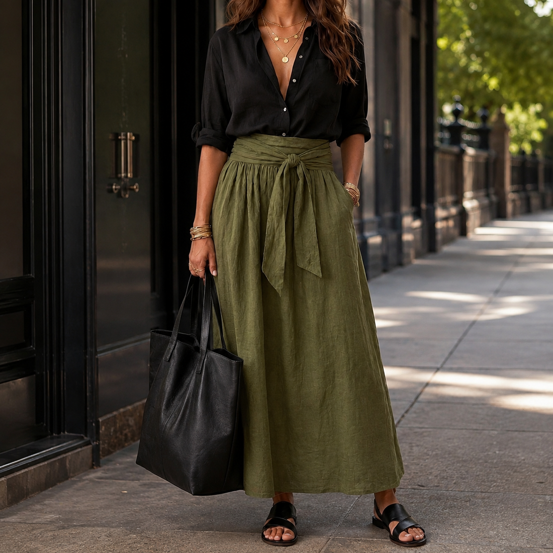 Alessia Tie Waist Set - Black Green