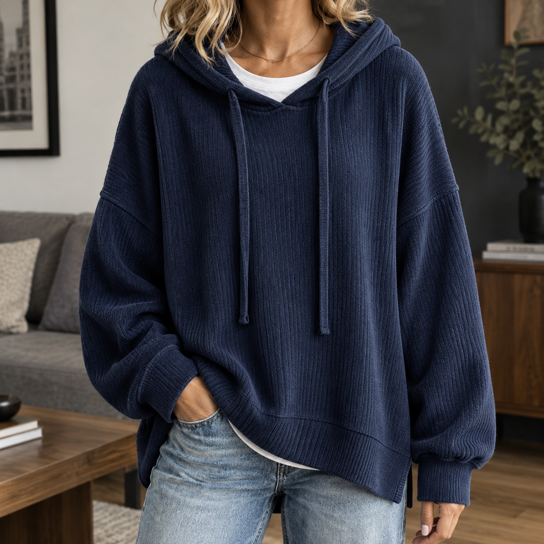 Tara Ribbed Hoodie - Navy Blue