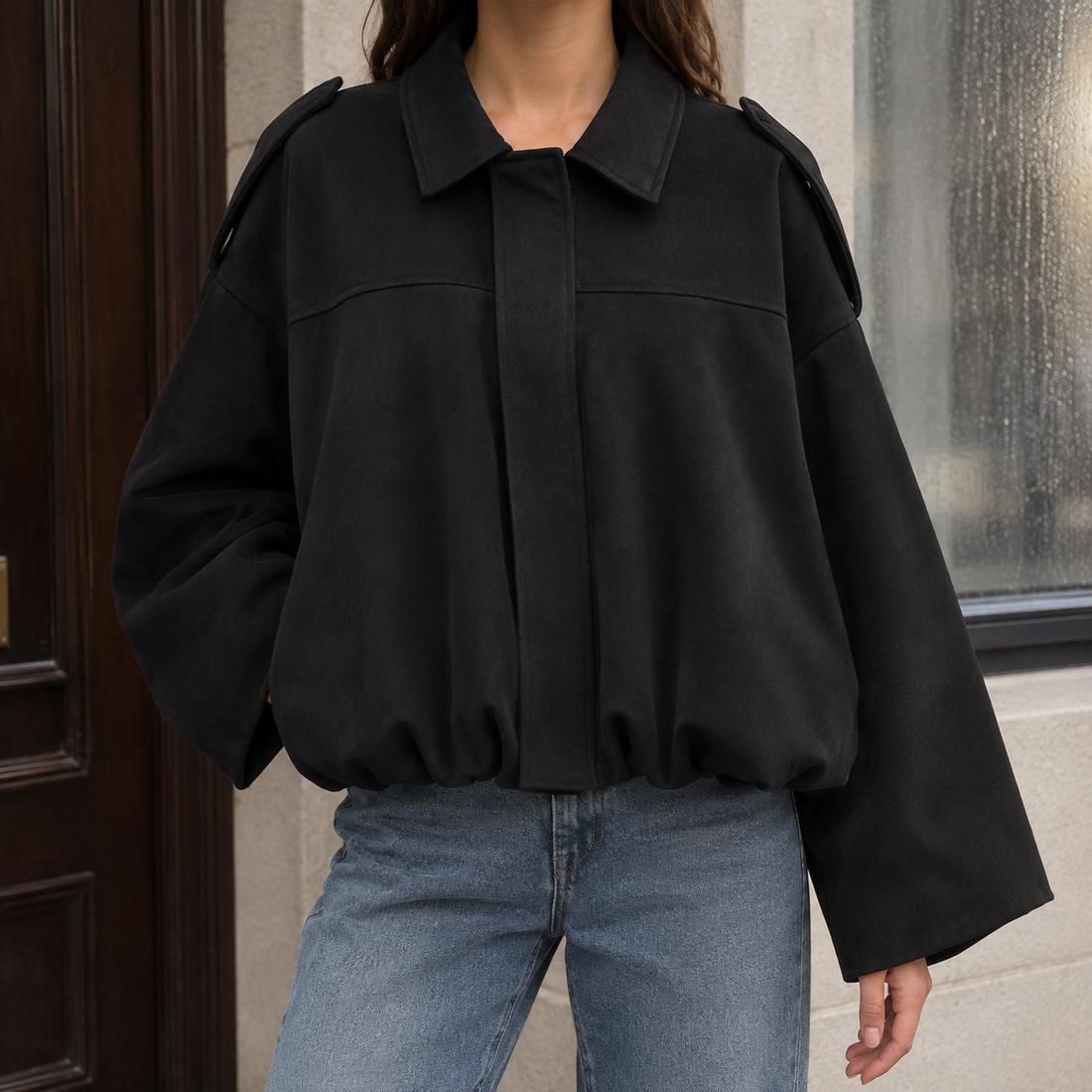 Elise-June Suede Bomber Jacket - Black