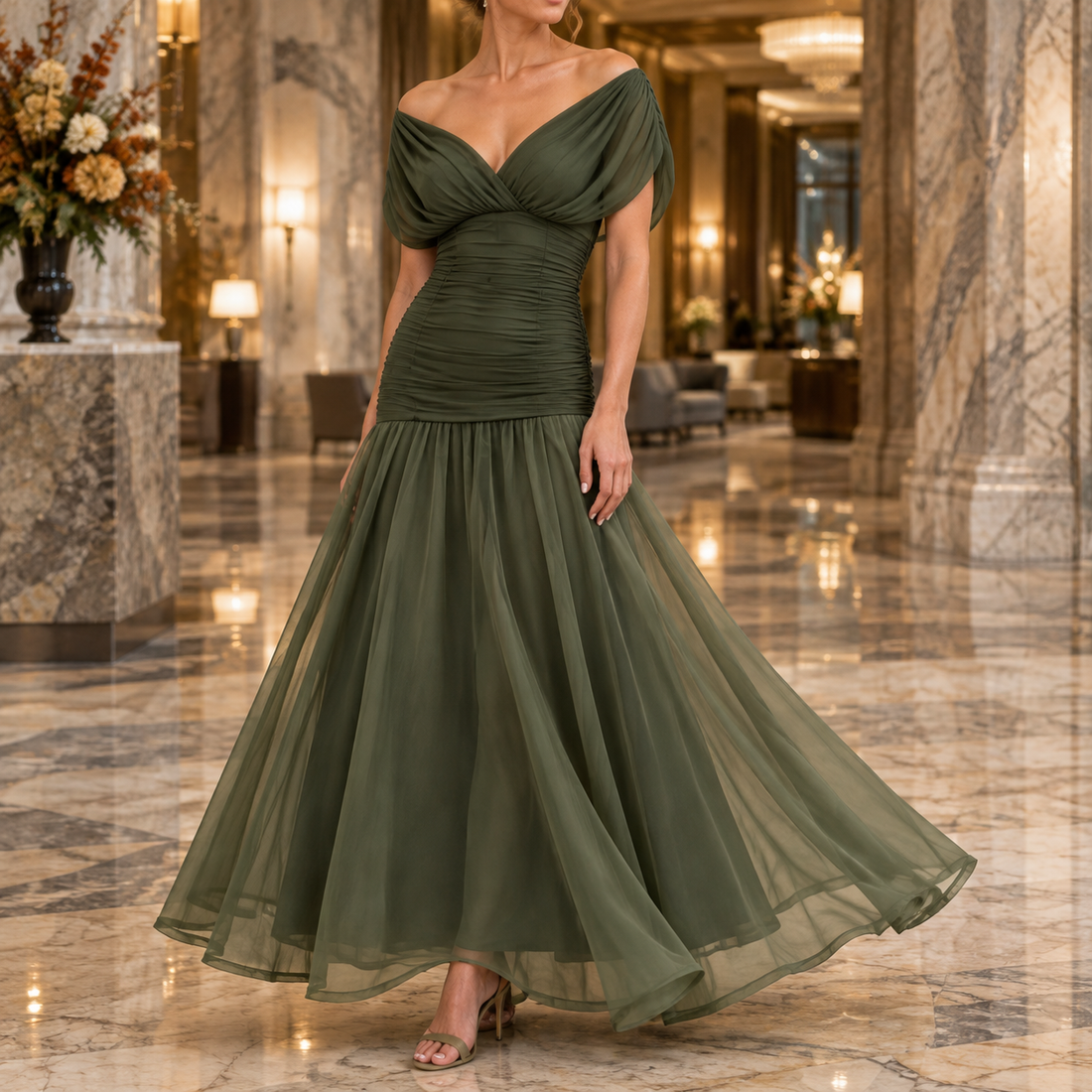 Georgina-Lane Ruched Maxi Dress - Olive Green