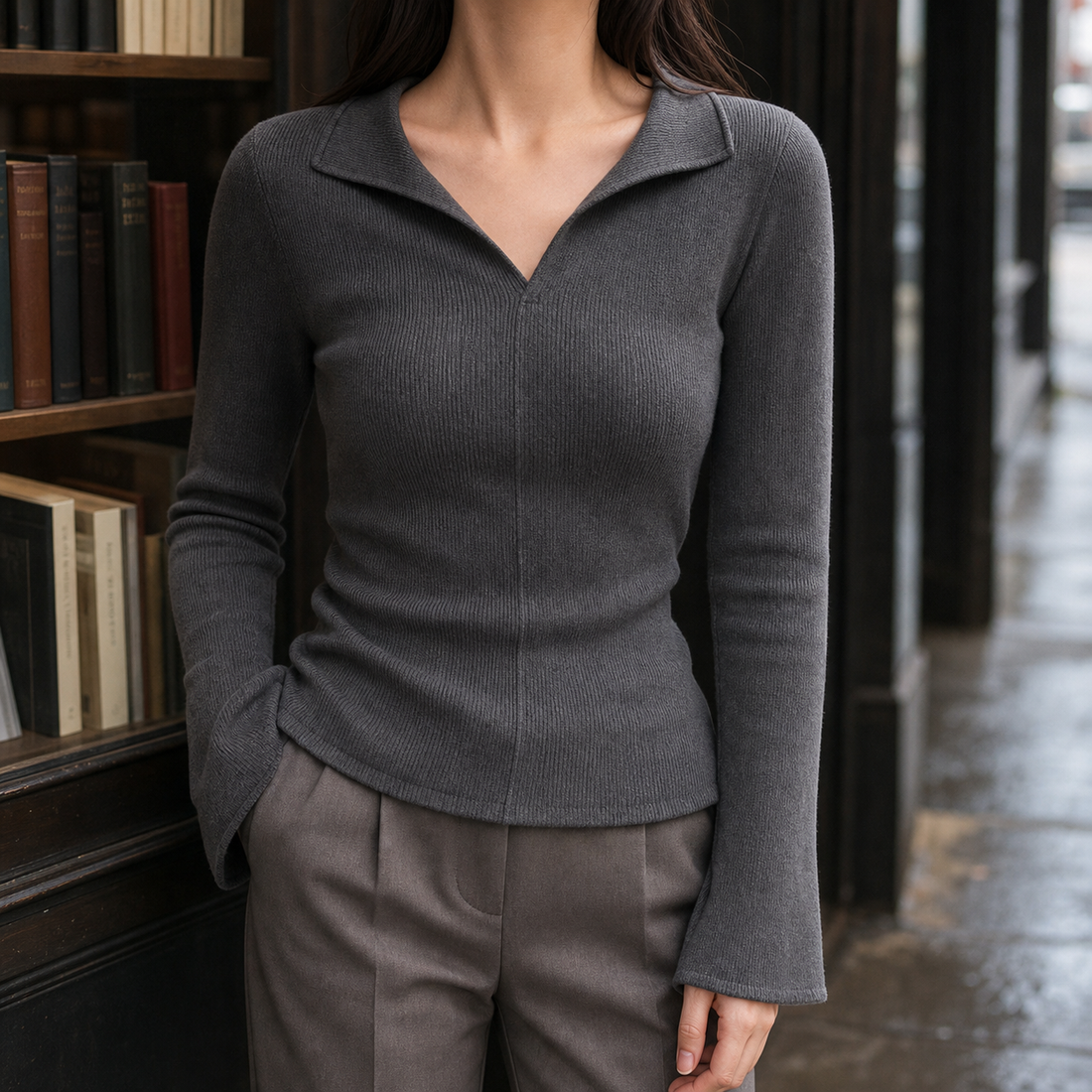 Isabelle-Jade Collared Knit Top - Gray