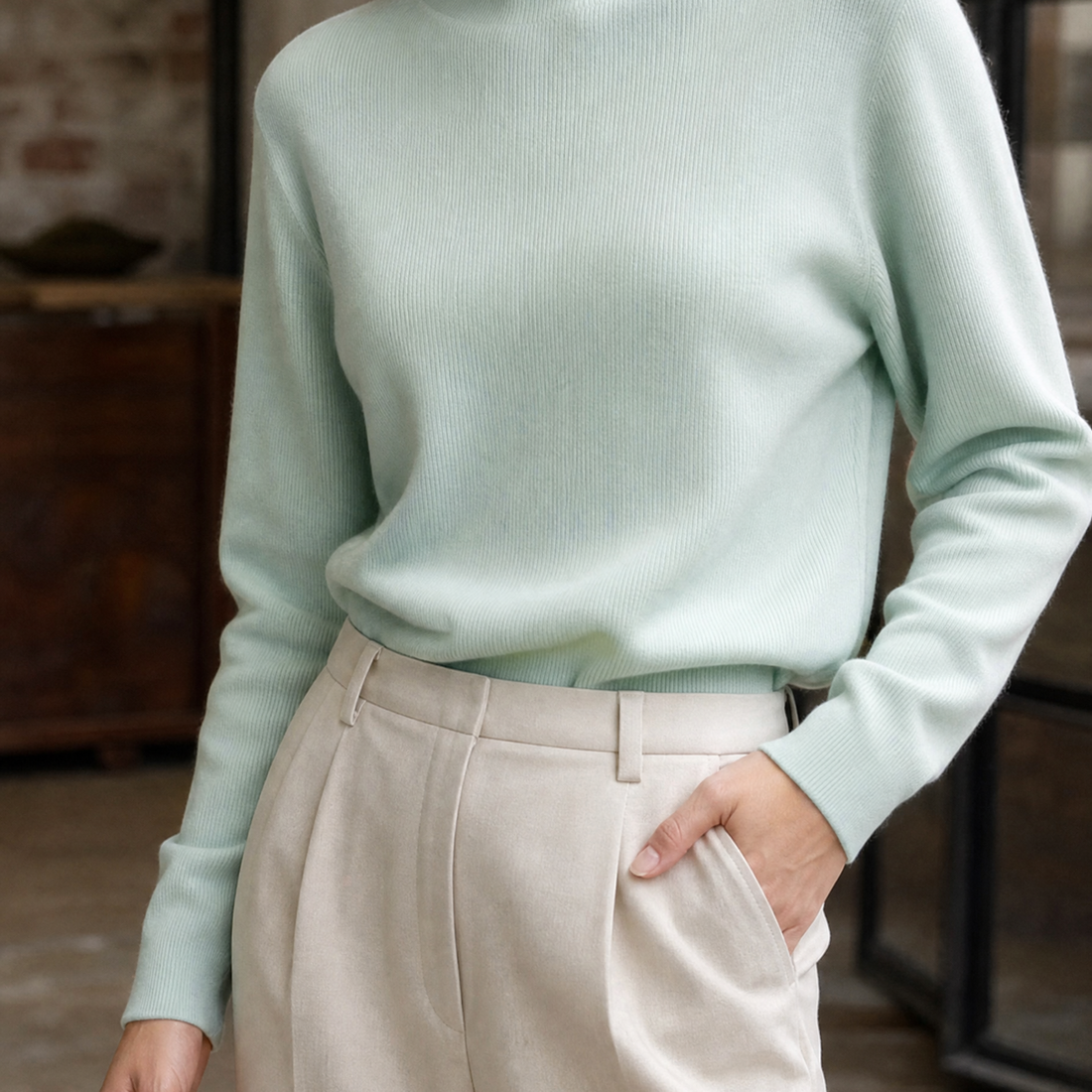 Valeria-Pearl Mock Neck Sweater - Bean Paste Green