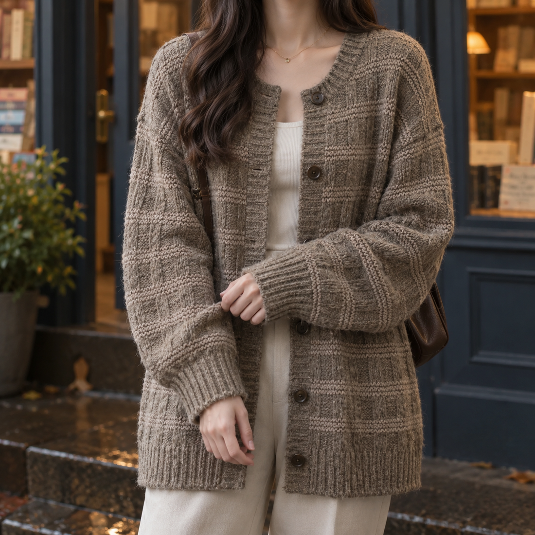 Melanie Textured Cardigan - Mocha Brown