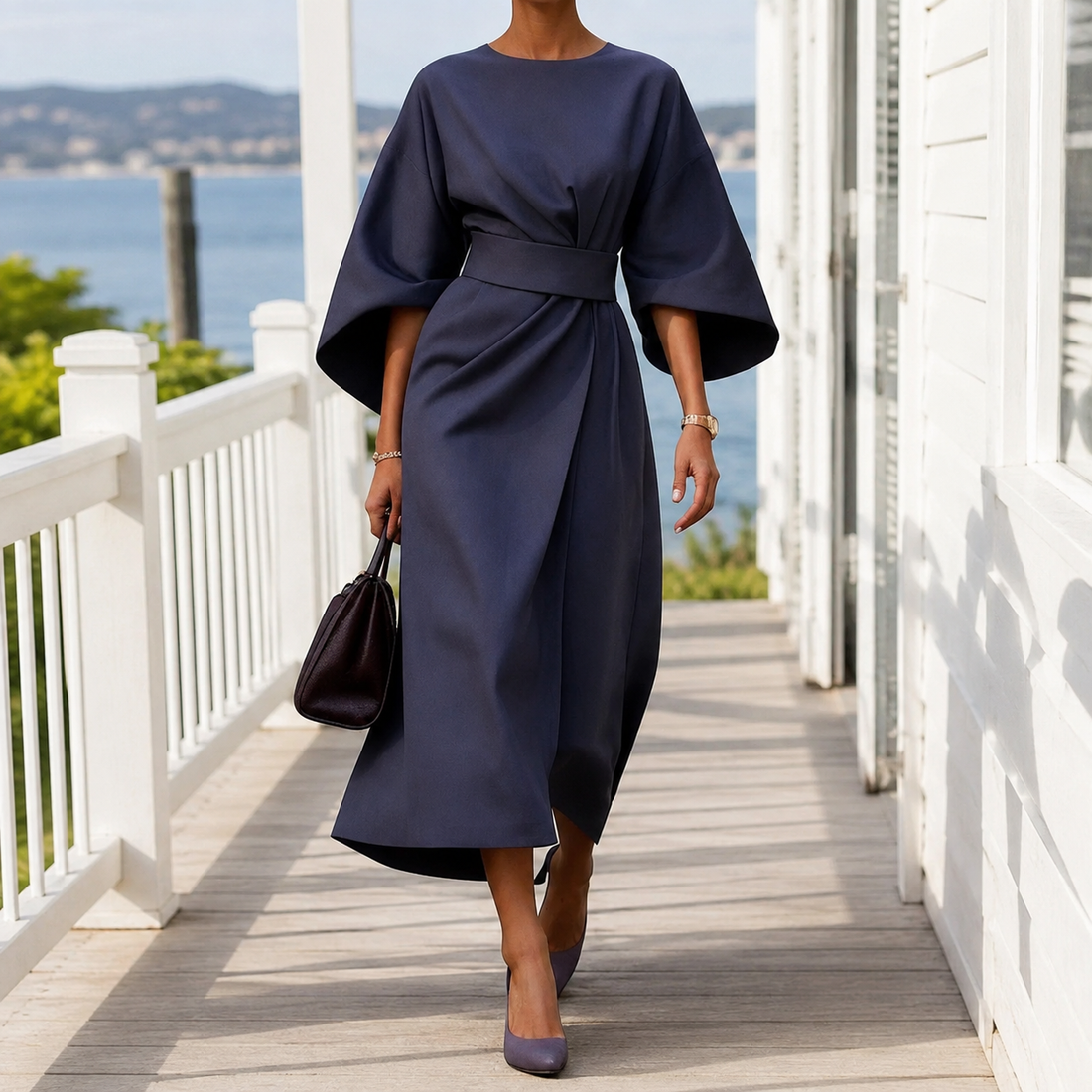 Astrid-Hope Belted Midi Dress - Navy