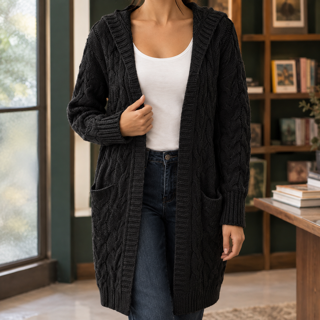 Giselle-Eve Cable Knit Cardigan - Black