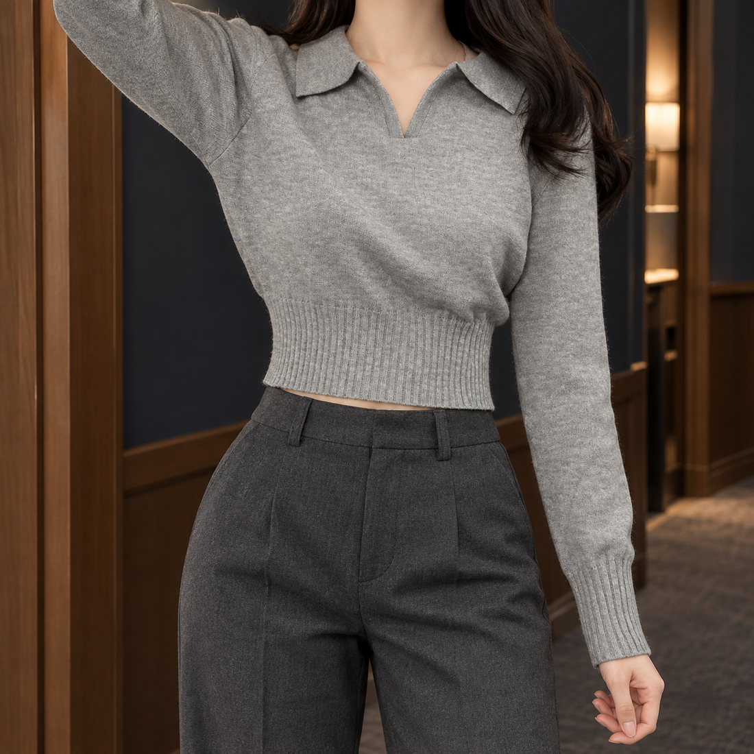 Tiphaine-Eve Polo Knit Top - Gray