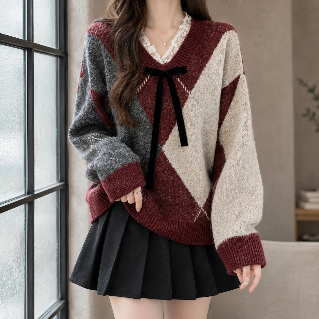 Alexia-Lane Argyle Sweater - Red