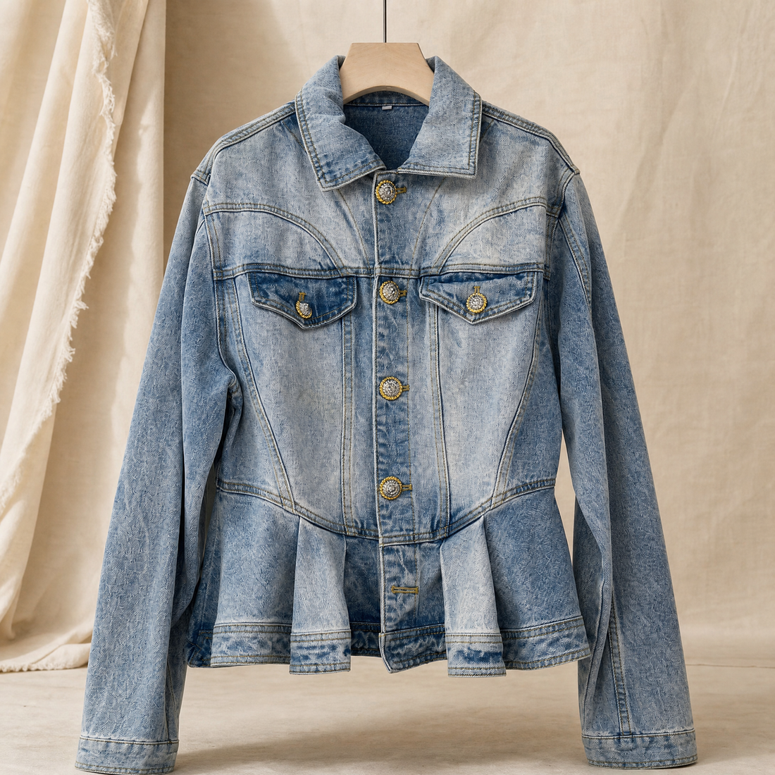 Lorelai-Belle Peplum Denim Jacket - Light Blue