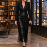 Elise-Faye Sequin Fringe Dress - Black