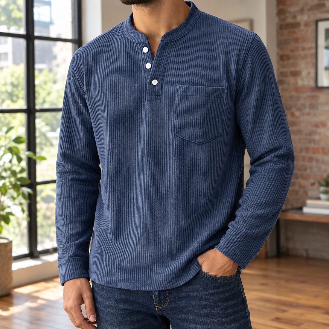 Dorian Ribbed Henley - Navy