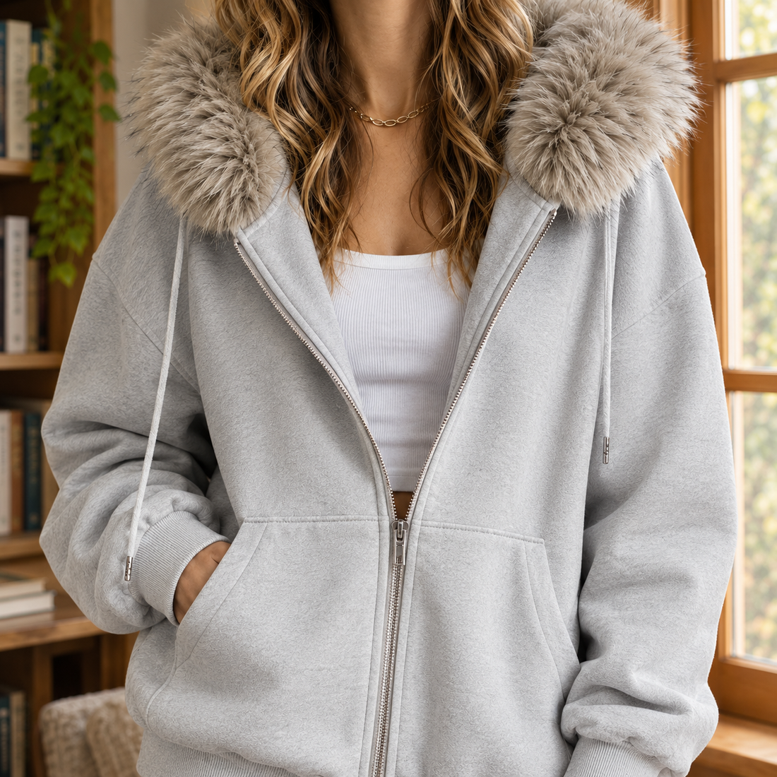 Ardith Fur Trim Hoodie - Lead Product Detail