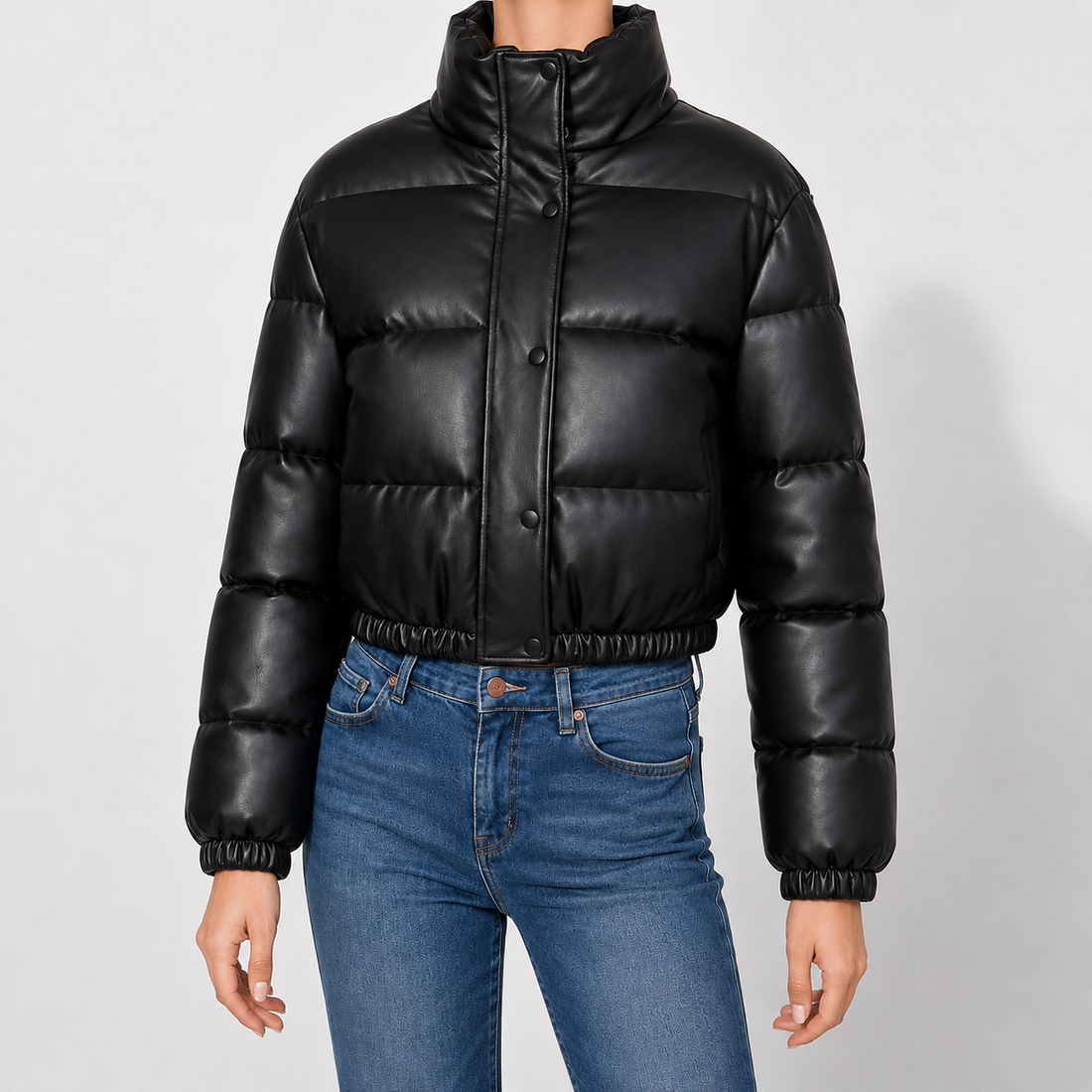 Marden Faux Leather Puffer Jacket - Black
