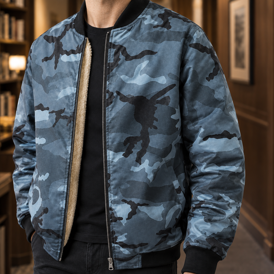 Finley Camouflage Bomber Jacket - Lead Product Detail