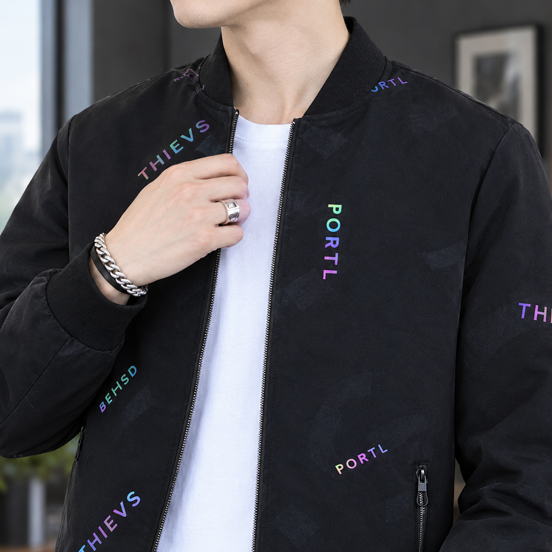 Harlan Printed Bomber Jacket - Lead Product Detail