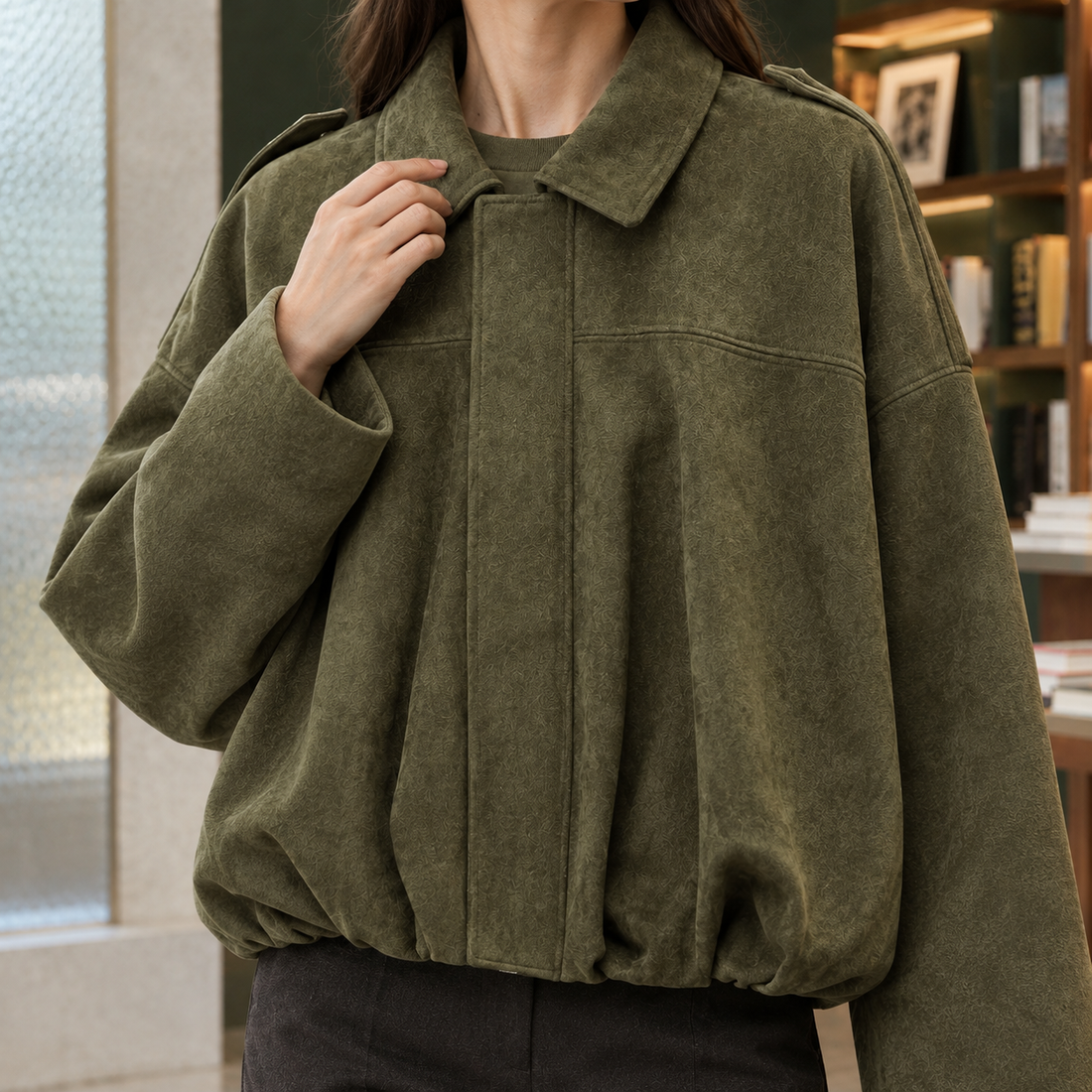 Jocasta-Skye Suede Bomber Jacket - Lead Product Detail