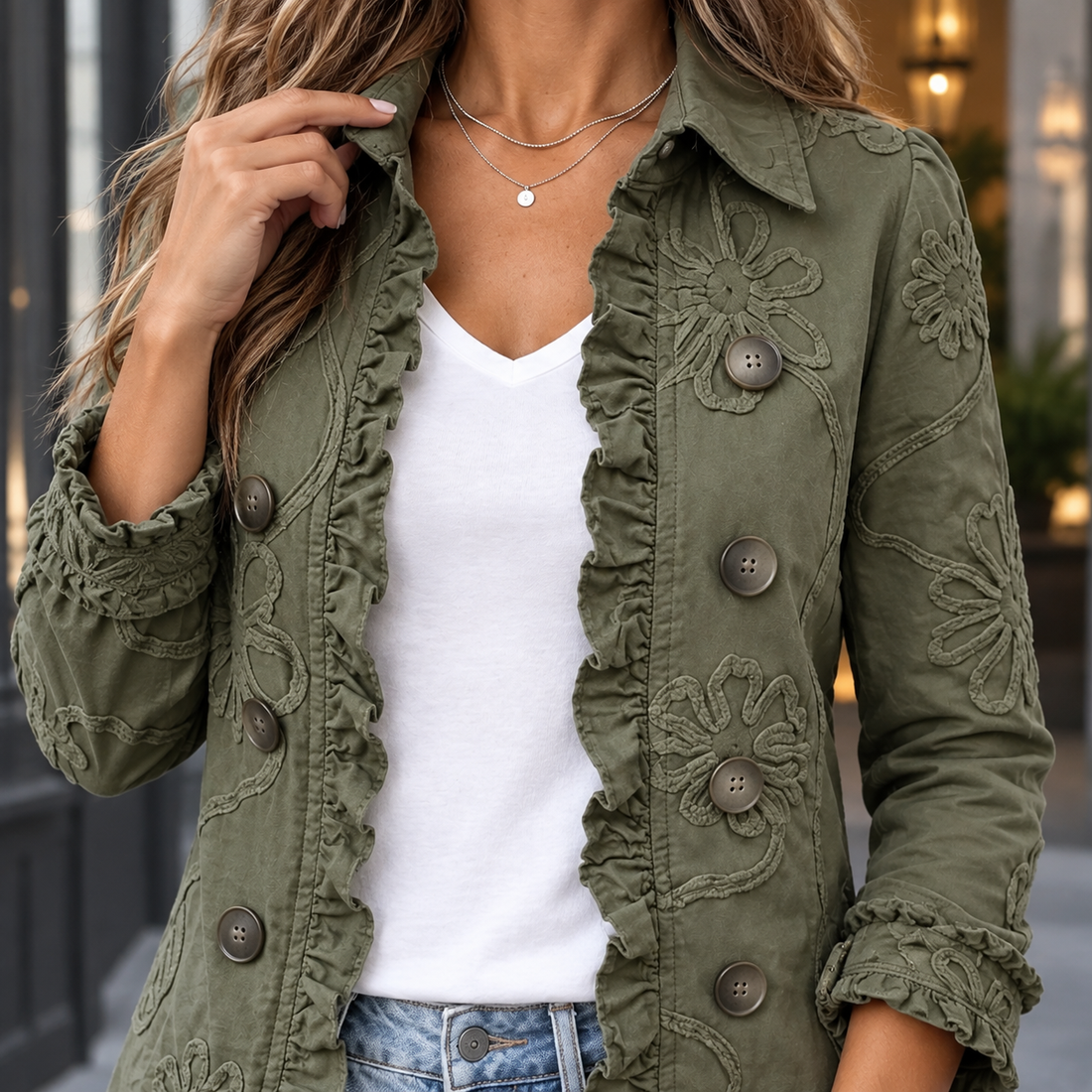 Jemima-Grace Ruffle Jacket - Lead Product Detail