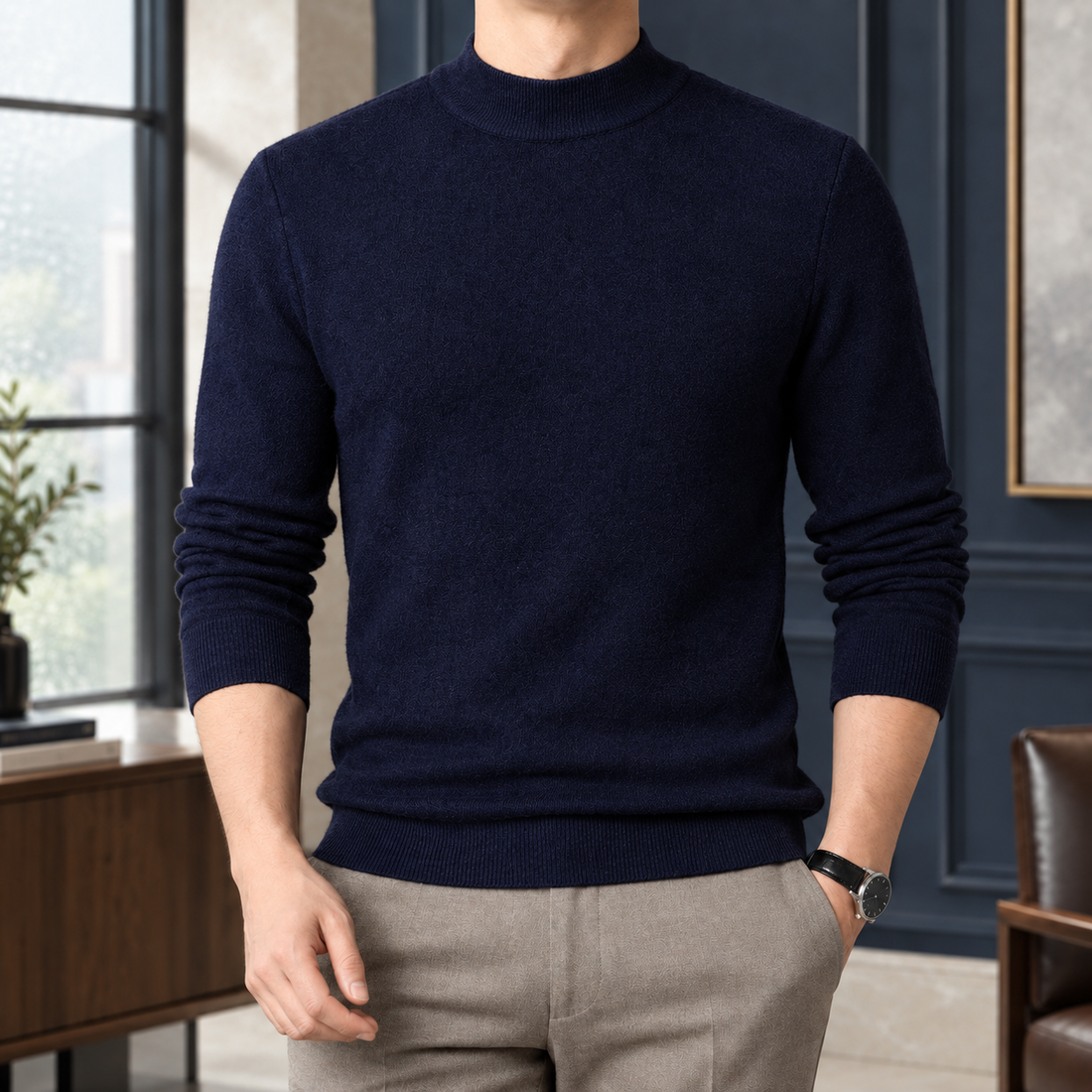 Wyatt Mock Neck Sweater - Navy Blue