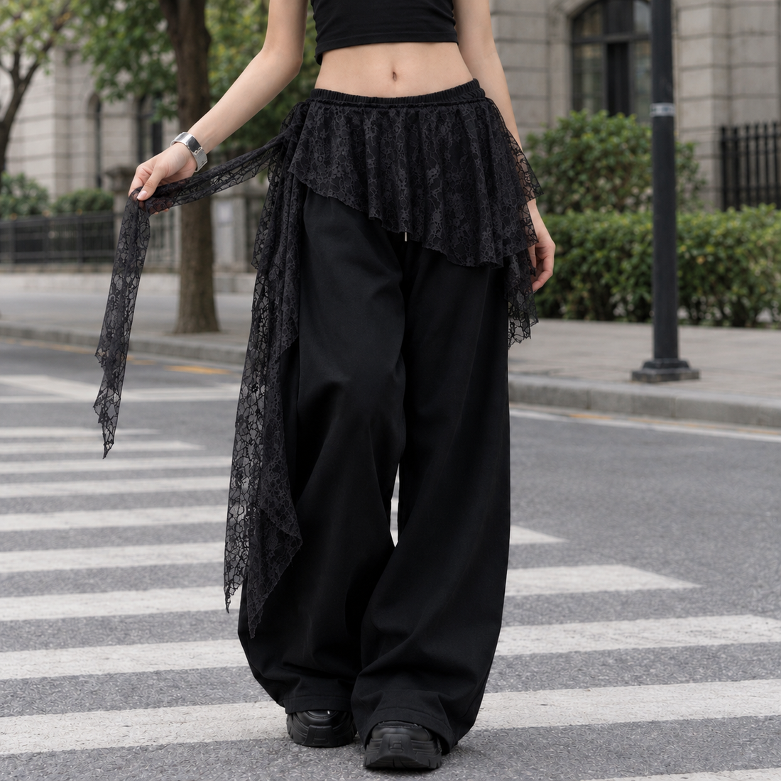 Greta-Pearl Lace Overskirt - Black