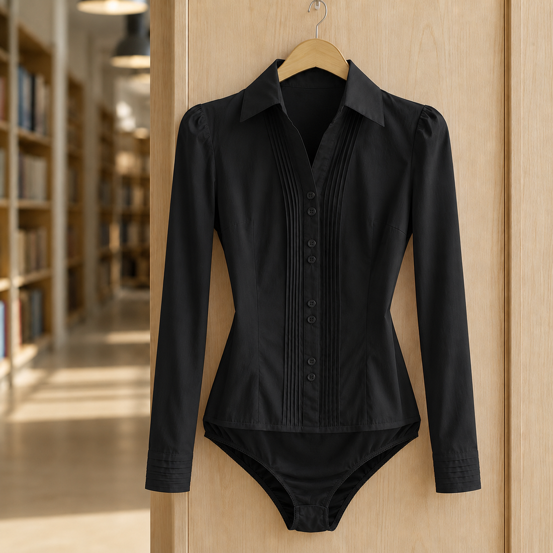Ninon Pleated Bodysuit - Long Sleeve Black-siaman