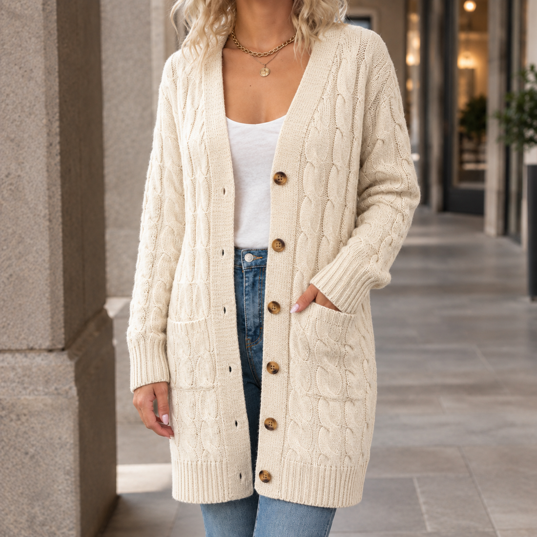 Keira Cable Knit Cardigan - Off White