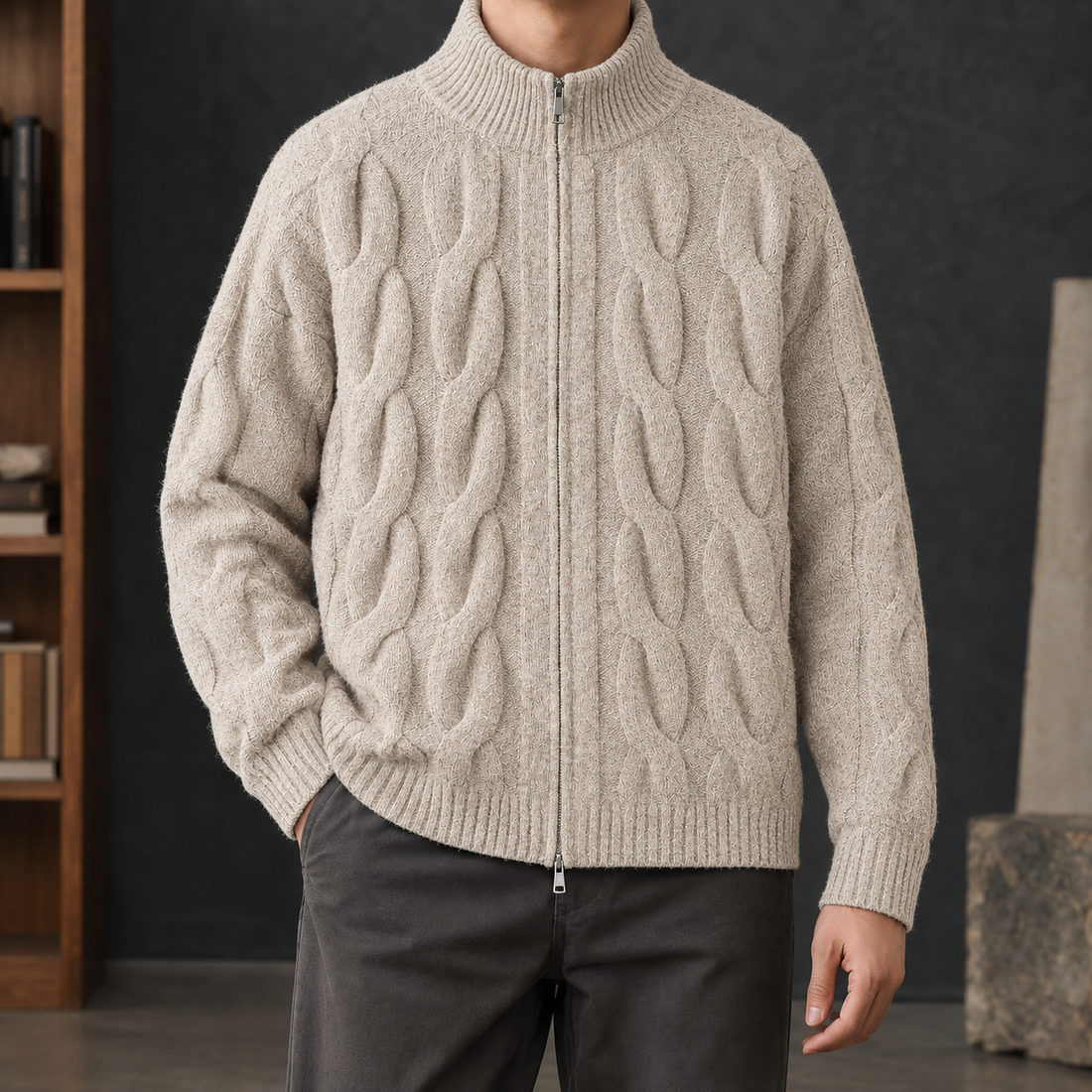Blake Cable Knit Cardigan - Khaki
