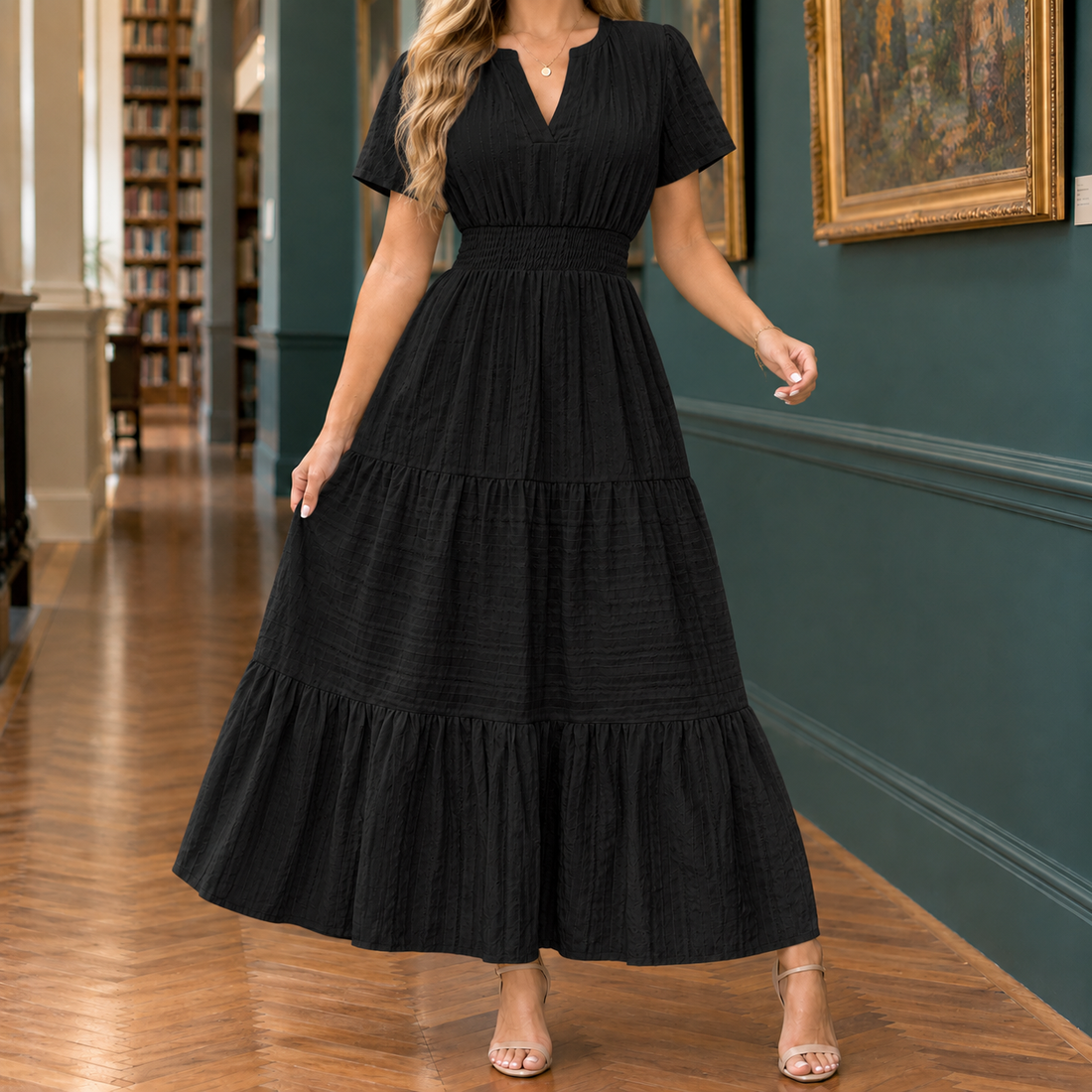 Sabina-Skye Tiered Midi Dress - Black