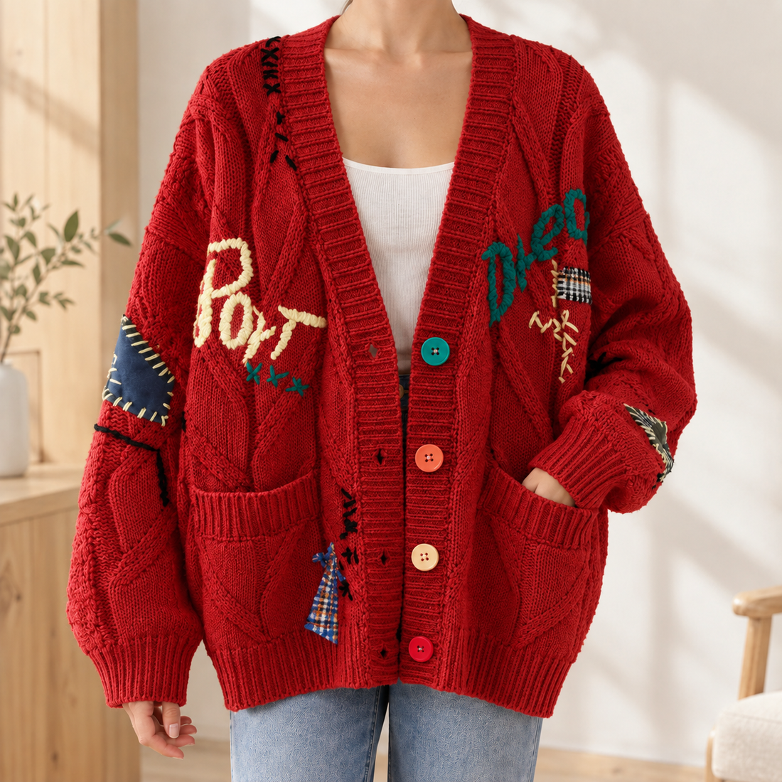 Azalea-Claire Embroidered Cardigan - Red