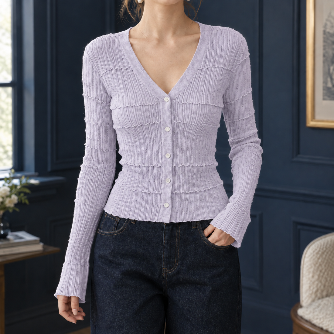 Elodie-Sage V-Neck Cardigan - Purple