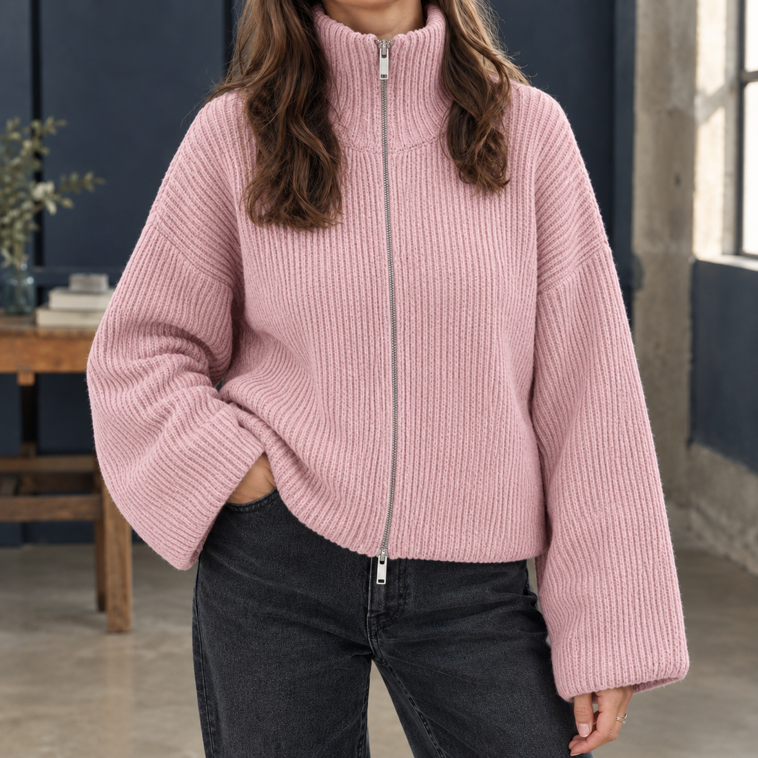 Olive Ribbed Sweater - Pink