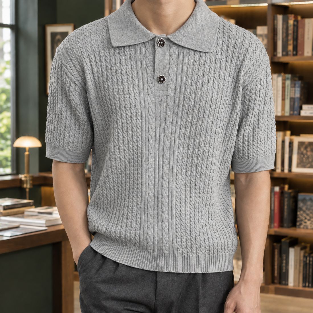 Austin Cable-Knit Polo - Gray