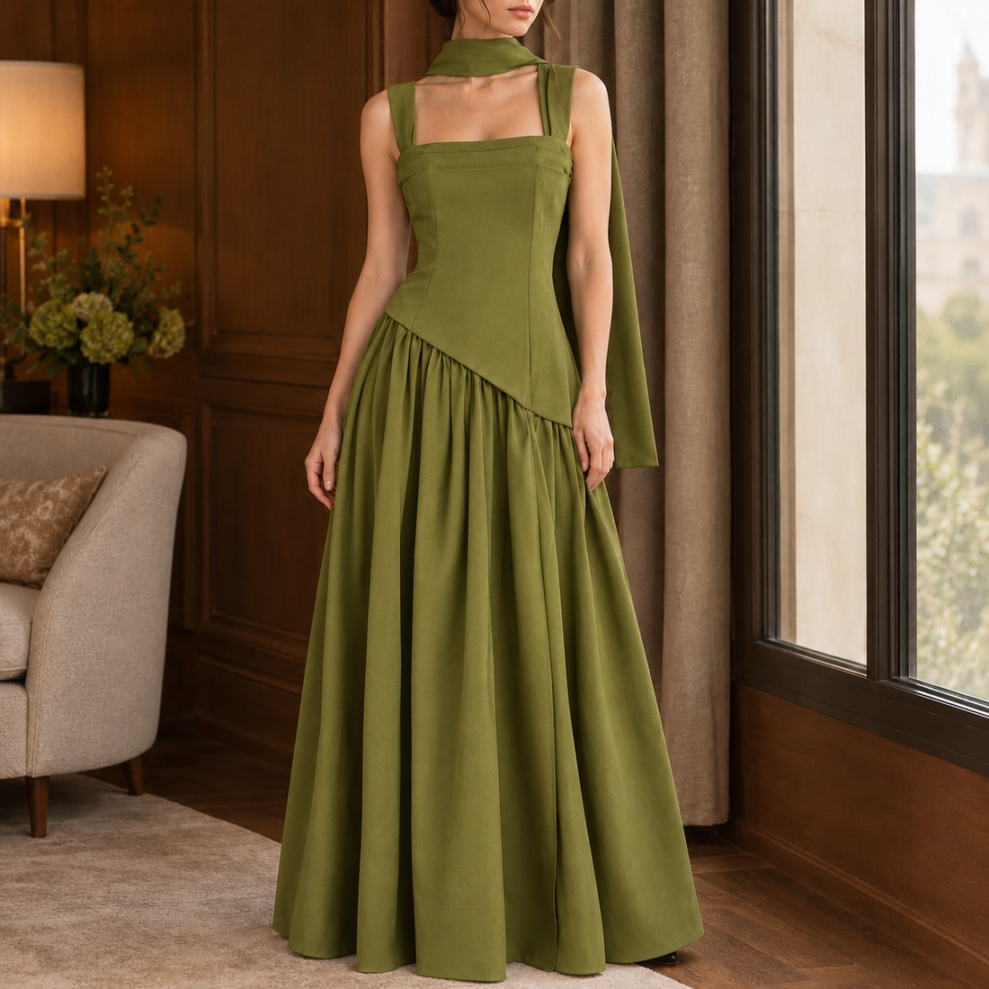 Evelina-Sage Asymmetric Maxi Dress - Olive