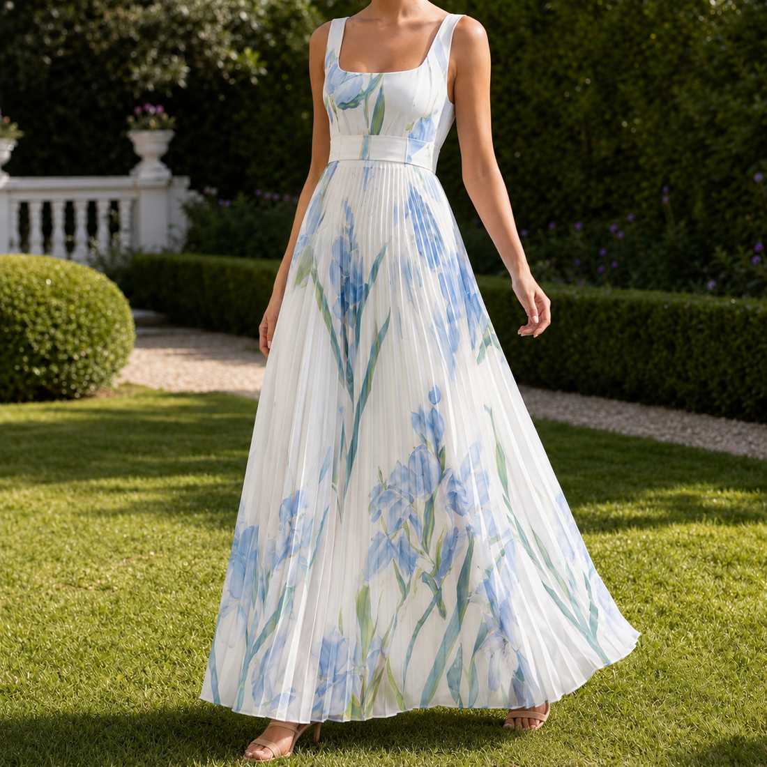 Orla-Grace Pleated Maxi Dress - White Blue
