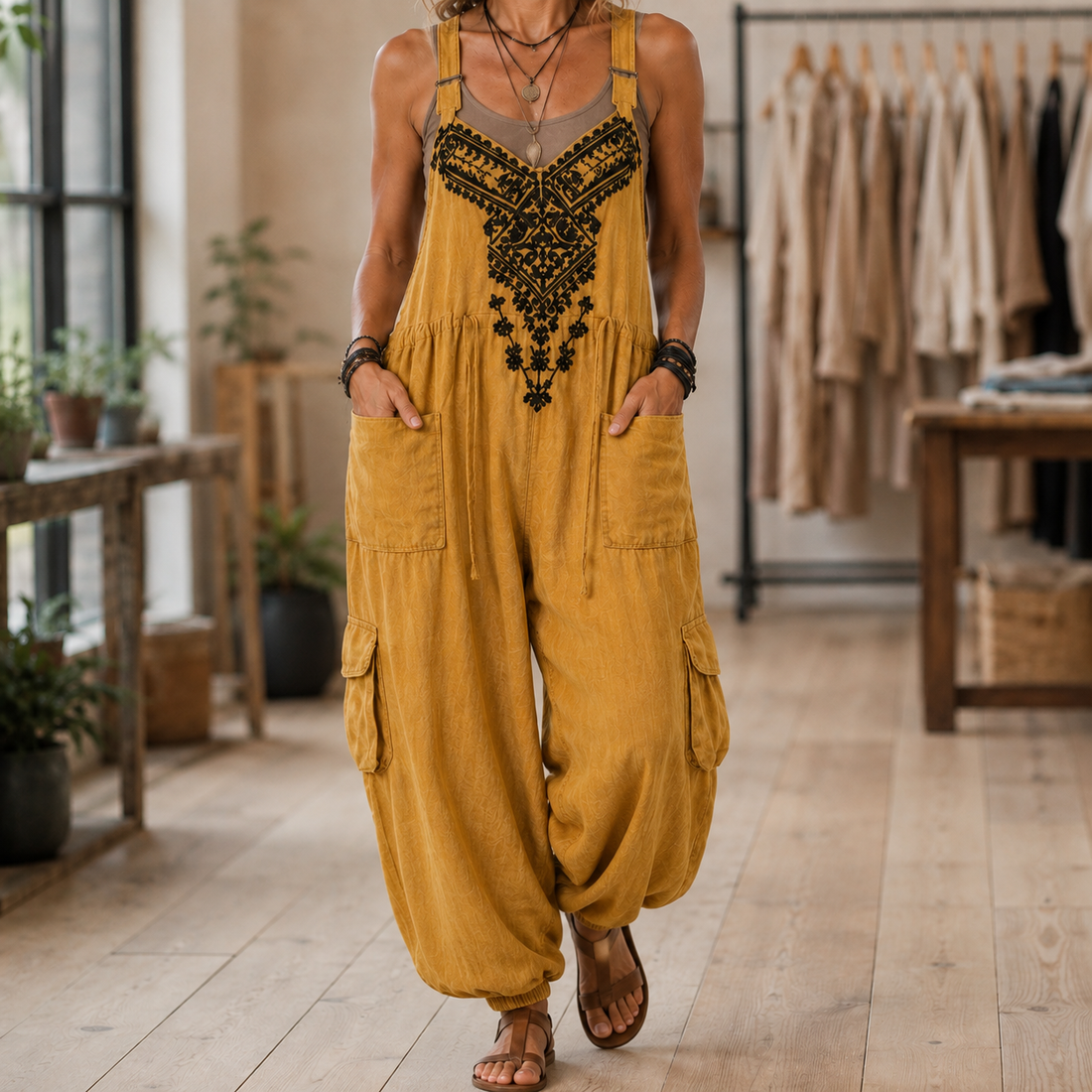 Celeste-Rose Embroidered Jumpsuit - Mustard
