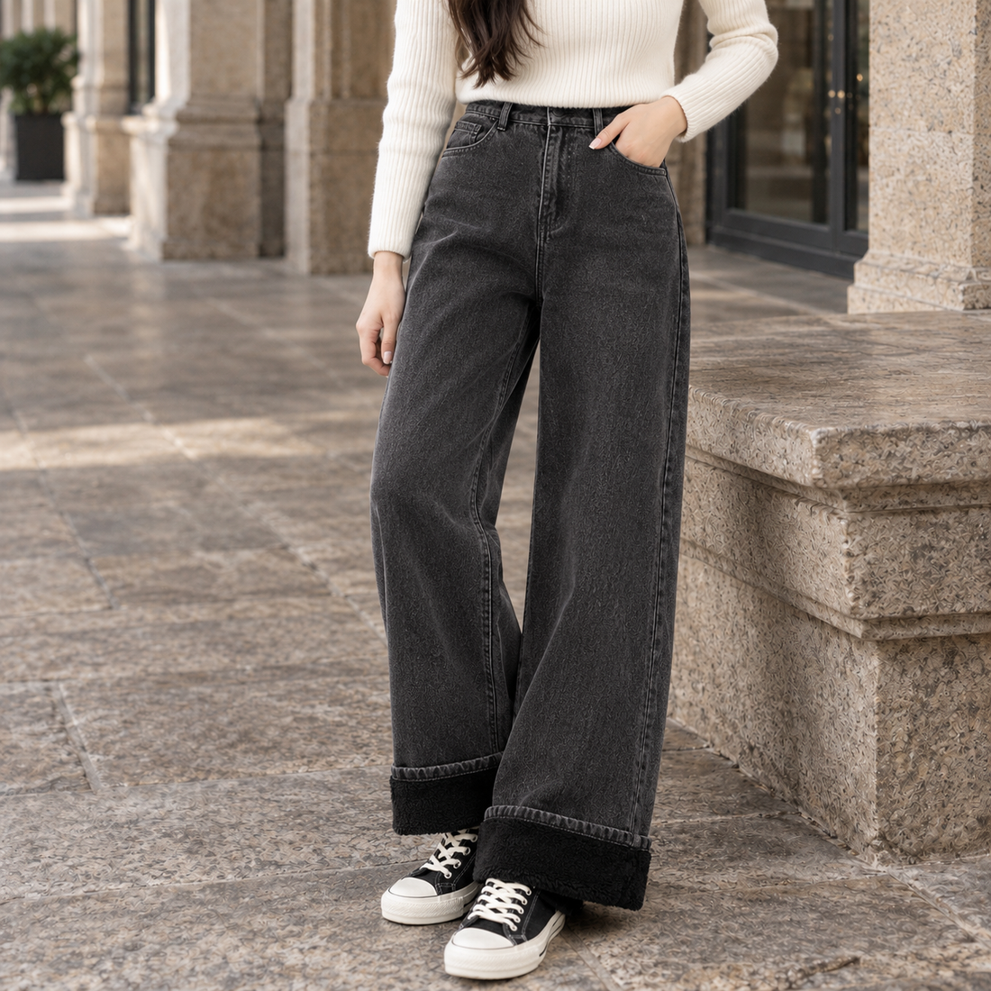 Arletta-Lane Fleece Lined Jeans - Black Gray