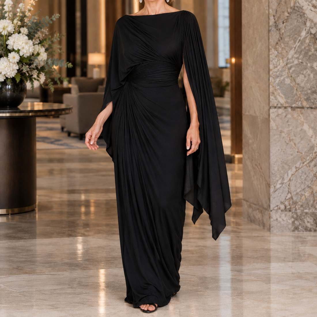 Annabel-Hope Ruched Cape Dress - Black