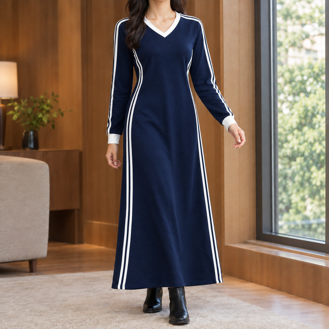 Elle-Hope Contrast Stripe Dress - Dark Blue