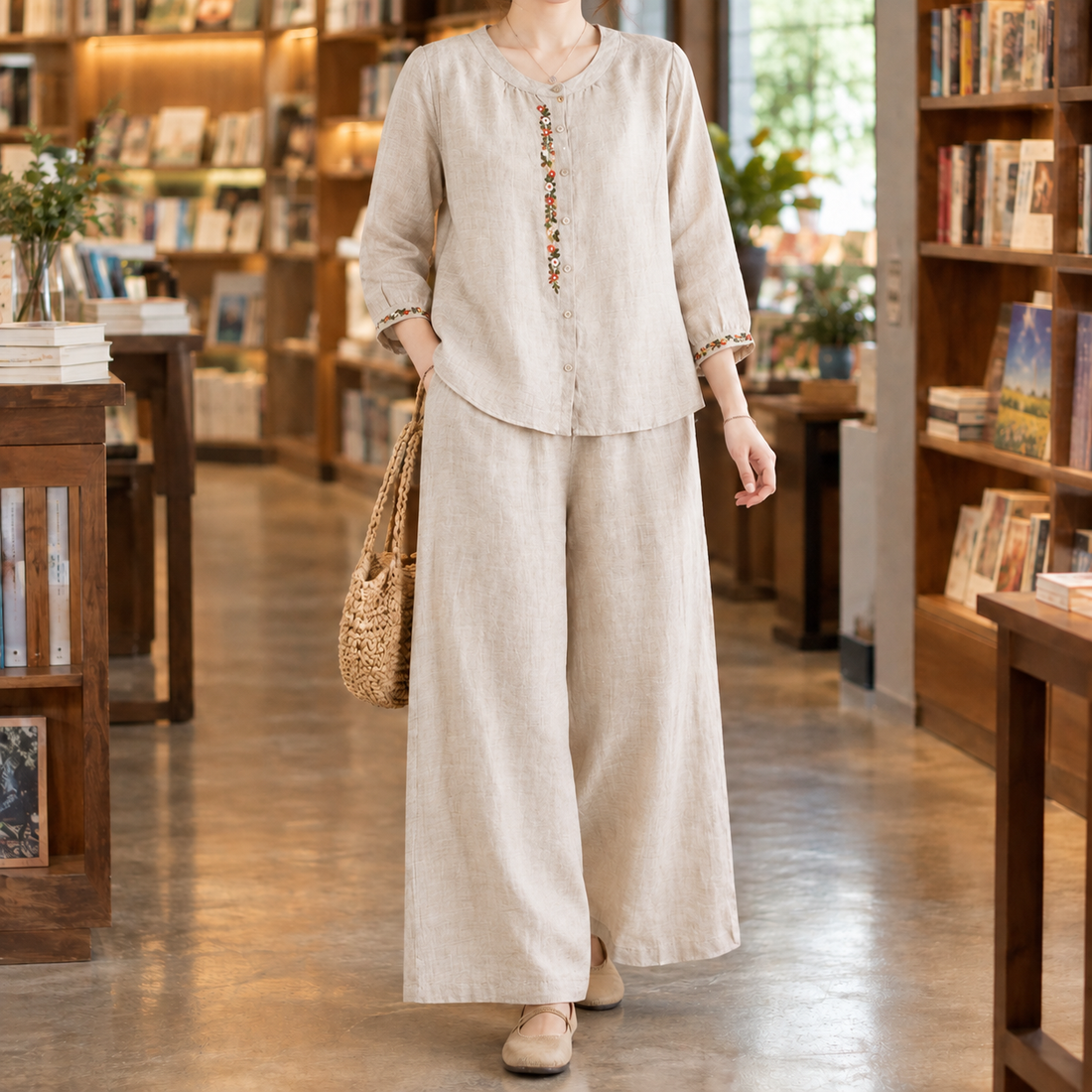 Florence-Sage Wide Leg Set - Beige