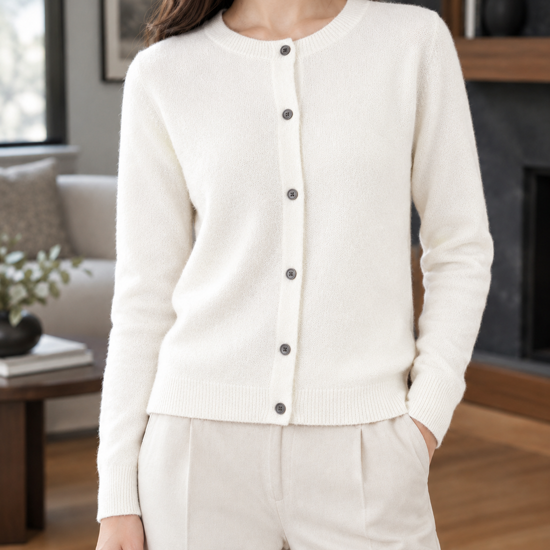 Michelle Round Neck Cardigan - Warm White