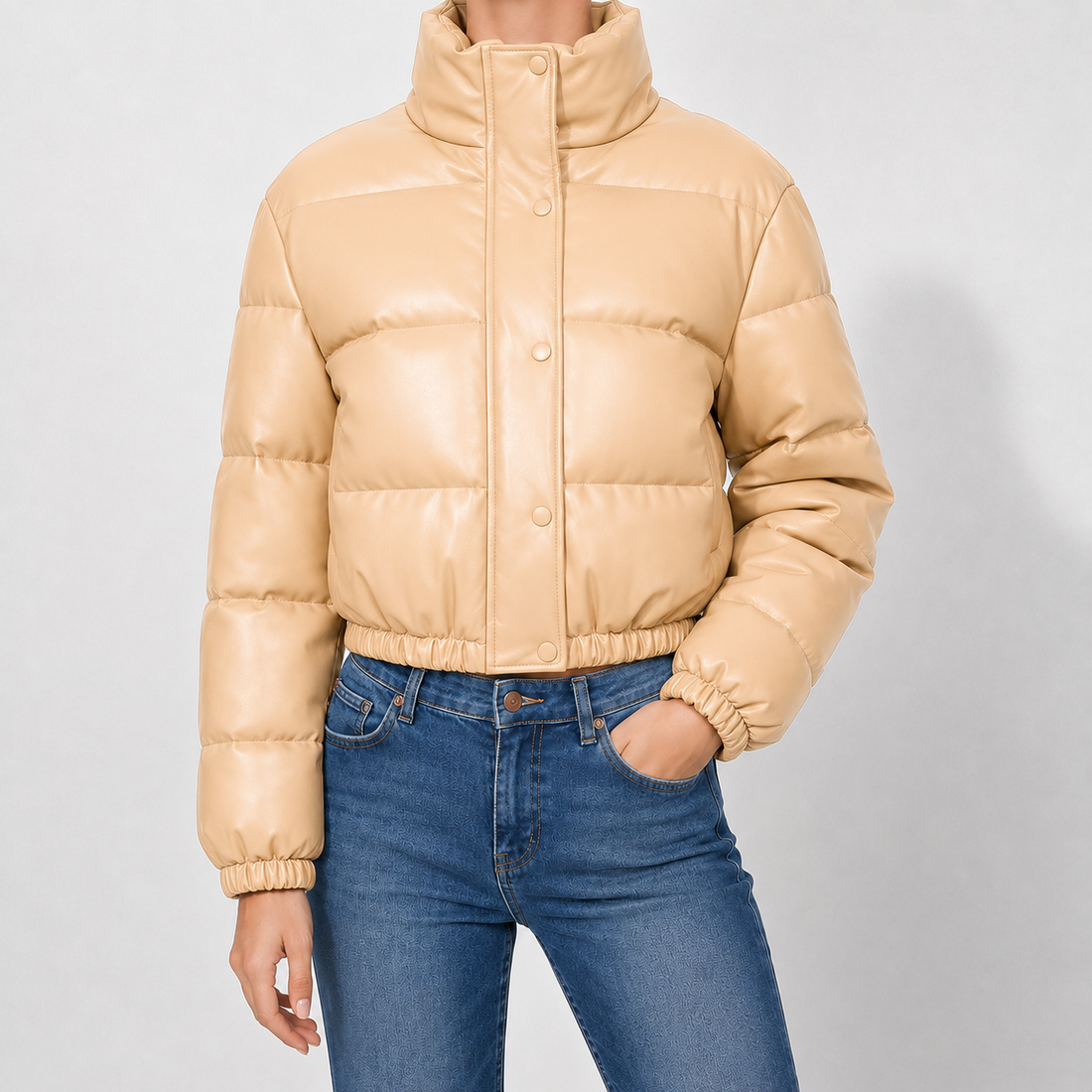 Marden Faux Leather Puffer Jacket - Sand