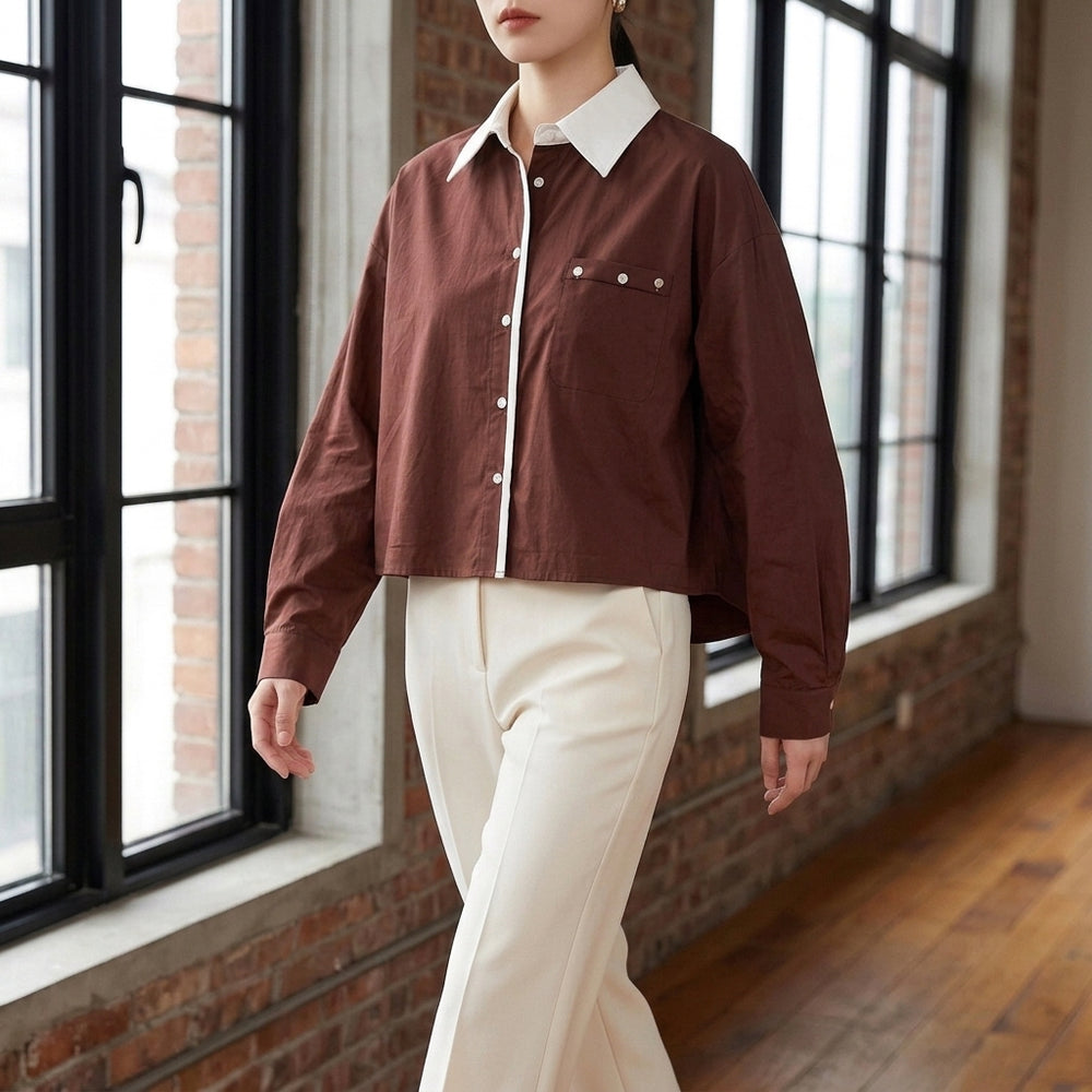 Vivienne Contrast Collar Top - Brown