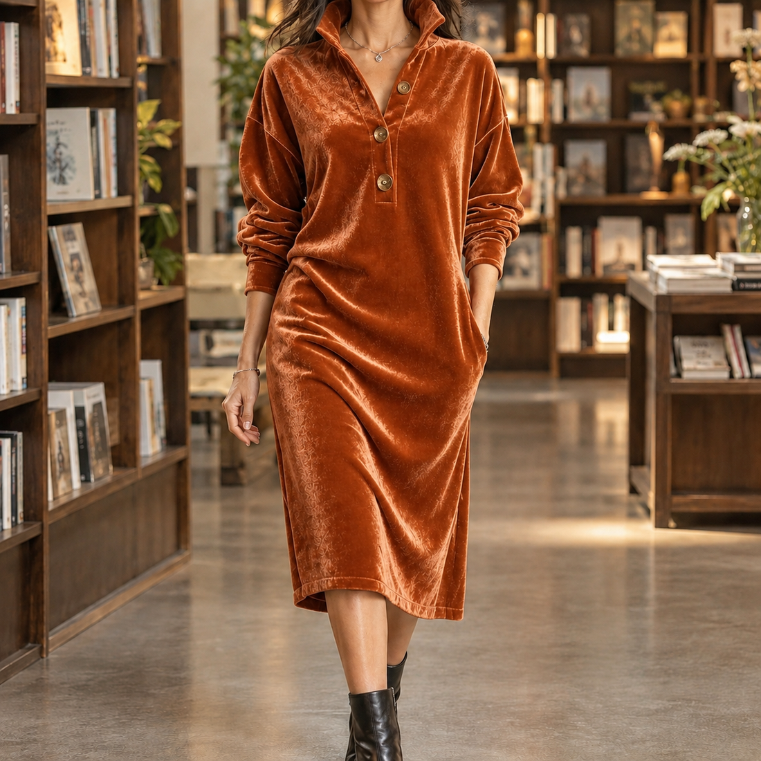 Aline-Hope Velvet Midi Dress - Orange