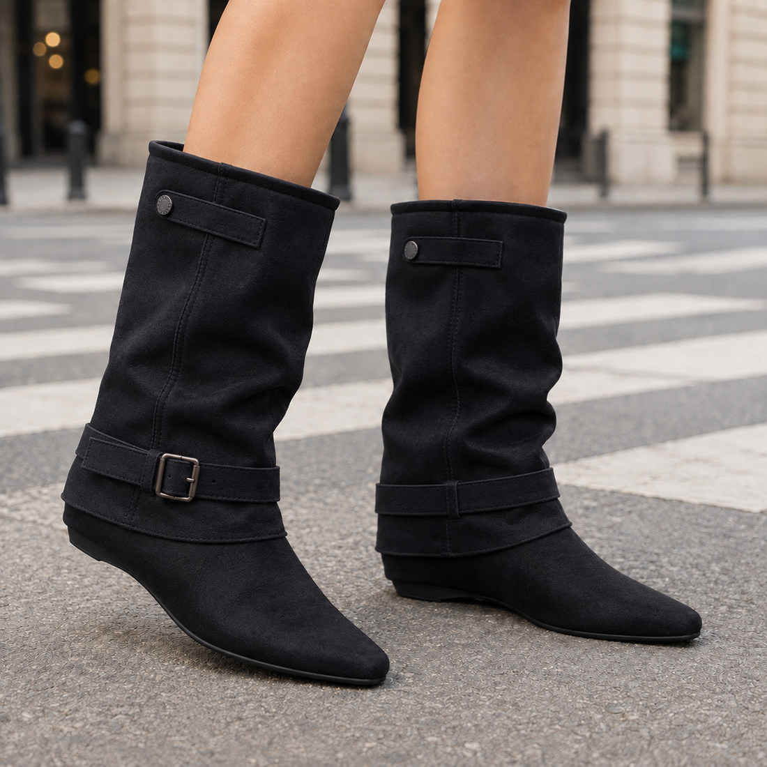 Caselli-Lucca Buckled Wedge Boots - Cloth Black