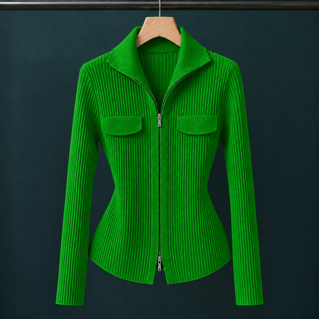 Evelina-Claire Ribbed Zip Cardigan - Green
