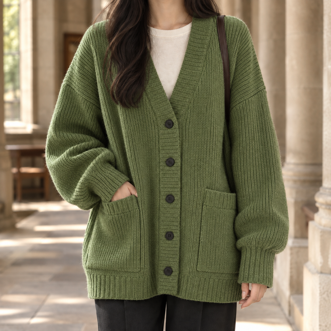 Junia-Belle Ribbed Cardigan - Green