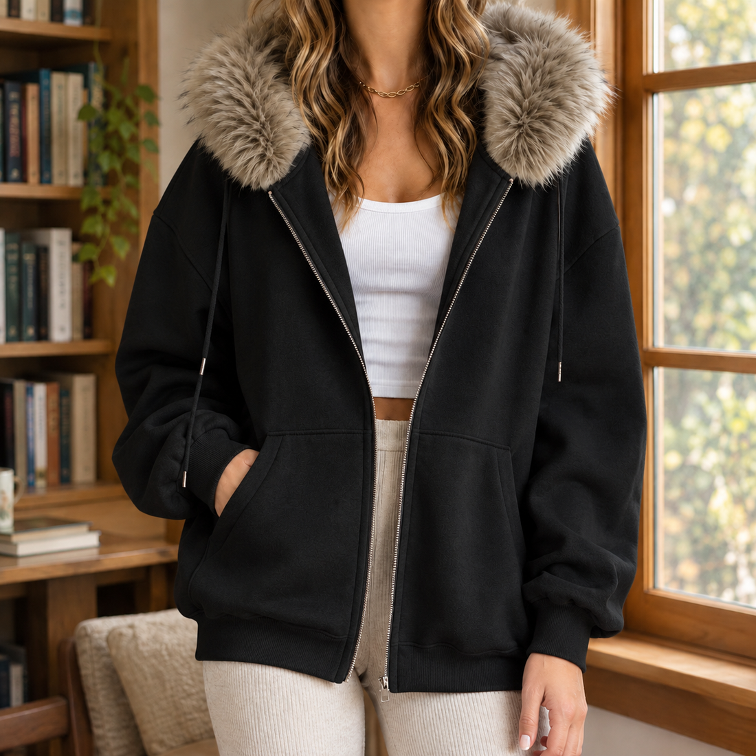 Ardith Fur Trim Hoodie - Black