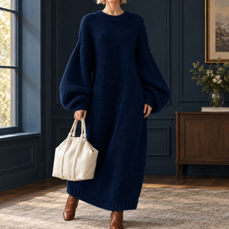 Emery-Jane Lantern Sleeve Dress - Navy Blue